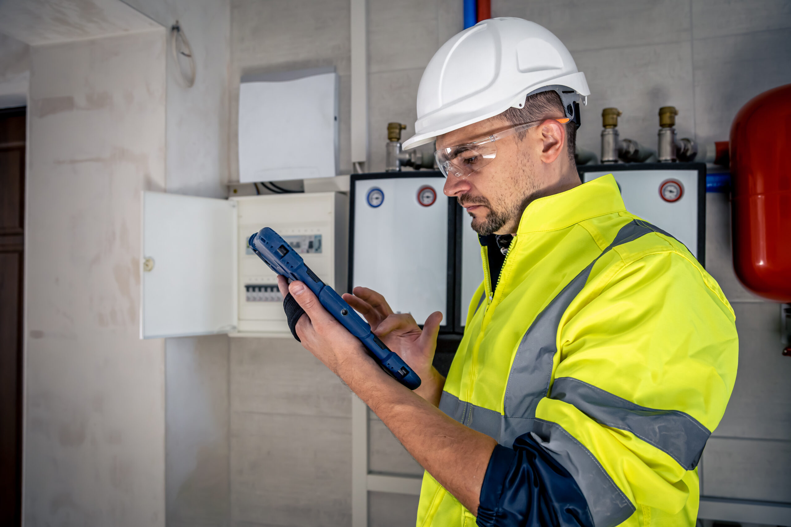 Man, an electrical technician working in a switchboard with fuses. Installation and connection of electrical equipment.